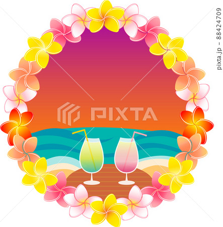 プルメリアの花飾りと、南国のサンセットビーチの背景に飲み物とテーブルのリゾート感のあるイラスト 88424709