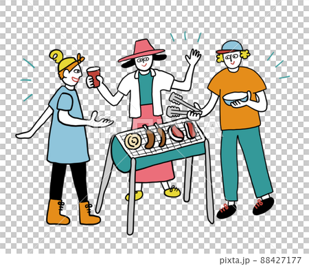 バーベキューをみんなで楽しんでいるイラストのイラスト素材