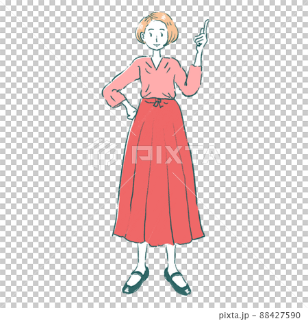 The whole body of a woman who raises one hand and puts one hand on her waist 88427590