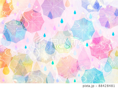 油彩風傘と波紋のカラフル梅雨イメージ背景ヨコ 88428481