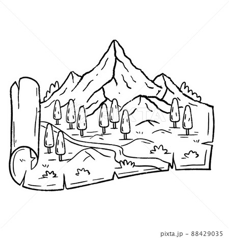 Mountains in engraving style. Landscape on map. Rocky peak and nature. Retro travel and hike in highlands. Medieval old manuscript 88429035