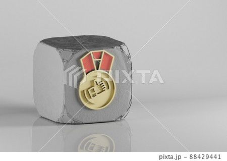 Beautiful Golden thumbs up medal symbol on a beton cube and white ceramic background. 3d rendering illustration. Background pattern for design. Beautiful Golden thumbs up medal symbol on a beton cube and white ceramic background. 3d rendering illustration. Background pattern for design. 88429441