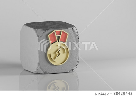Beautiful Golden lightning medal symbol on a beton cube and white ceramic background. 3d rendering illustration. Background pattern for design. Beautiful Golden lightning medal symbol on a beton cube and white ceramic background. 3d rendering illustration. Background pattern for design. 88429442
