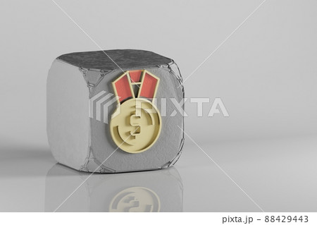Beautiful Golden medal dollar medal symbol  on a beton cube and white ceramic background. 3d rendering illustration. Background pattern for design. 88429443