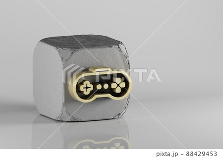 Beautiful Golden Joystick video game retro style symbol icons on a beton cube and white ceramic background. 3d rendering illustration. Background pattern for design. 88429453