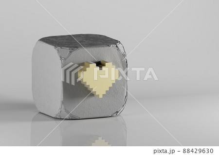 Beautiful Golden Pixel icon hearts symbol icons on a beton cube and white ceramic background. 3d rendering illustration. Background pattern for design.. Beautiful Golden Pixel icon hearts symbol icons on a beton cube and white ceramic background. 3d rendering illustration. Background pattern for design.. 88429630