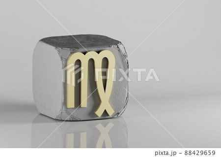 Beautiful Golden zodiac sign Virgo symbol icons on a beton cube and white ceramic background. 3d rendering illustration. Background pattern for design. Beautiful Golden zodiac sign Virgo symbol icons on a beton cube and white ceramic background. 3d rendering illustration. Background pattern for design. 88429659