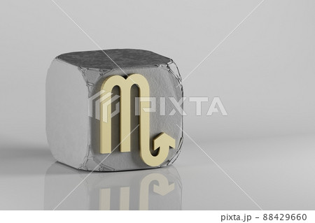 Beautiful Golden zodiac sign Scorpio symbol icons on a beton cube and white ceramic background. 3d rendering illustration. Background pattern for design. 88429660