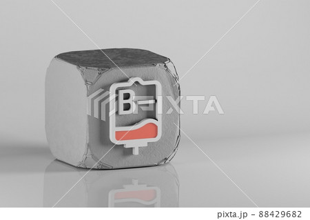 Blood Bag icon. Beautiful Blood Type B- Symbol medical on a beton cube and white ceramic background. 3d rendering illustration. Background pattern for design. 88429682