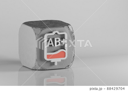 Blood Bag icon. Beautiful Blood Type AB+ Symbol icons on a beton cube and white ceramic background. 3d rendering illustration. Background pattern for design. 88429704