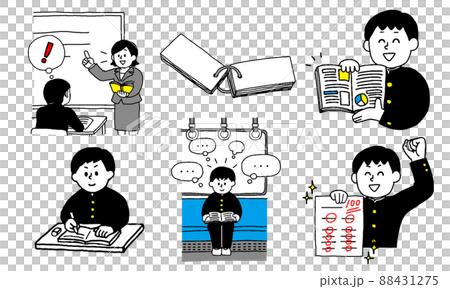 授業を受け勉強しテストで高得点を採る学ラン姿の男子学生イラストセット シンプル のイラスト素材