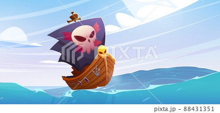 Pirate ship with black sails and jolly roger skull 88431351