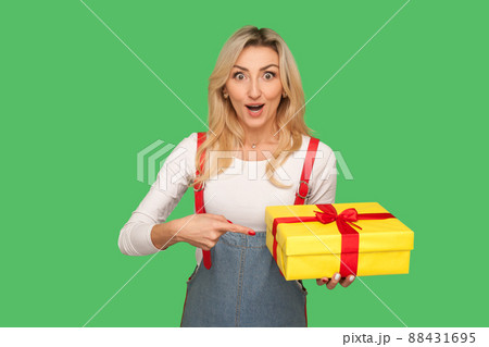 Wow, look at my gift. Portrait of surprised beautiful adult woman looking with amazement and pointing at wrapped box, shocked by unbelievable present, celebrating birthday. indoor studio shot isolated 88431695