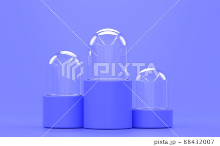 Glass domes, crystal cylinders, transparent balls on high stands, isolated on blue background. Mockup empty clear showcases of plexiglass or acrylic for display on plastic podium. Realistic 3d render 88432007