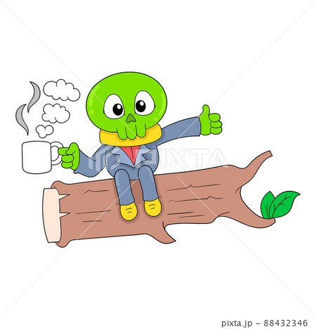 skull man sitting on a tree trunk drinking hot drink, doodle icon image kawaii 88432346