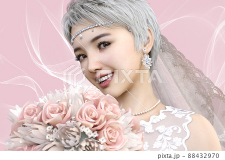 アッシュカラーでショートヘアの笑顔の女性がウエディングドレスを着てブーケを持ち幸せそうな表情を浮かべ アッシュカラーでショートヘアの笑顔の女性がウエディングドレスを着てブーケを持ち幸せそうな表情を浮かべ 88432970
