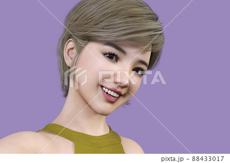 笑顔の日本人女性が少し顔を傾けながらこちらを見つめた顔をズームアップしている 88433017