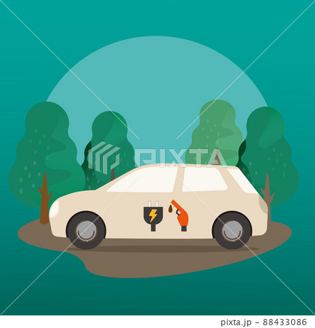 プラグインハイブリット自動車と自然のベクターイラスト。 88433086