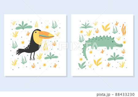 Set of children's posters with jungle animals. Toucan and crocodile posters. Drawn style. Vector illustration. Postcards for posters in the nursery and prints. 88433230
