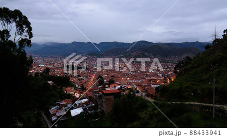 Aerial sunrise panoramic view to Cuzco, Peru Aerial sunrise panoramic view to Cuzco, Peru 88433941