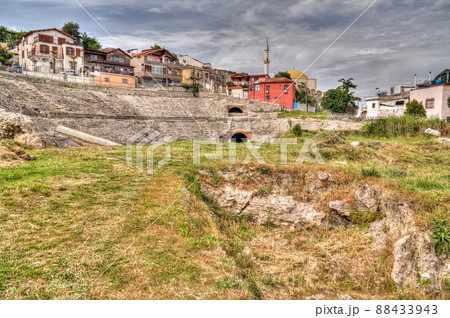 Exterior view to ancient roman Amphitheatre in Durres , Albania Exterior view to ancient roman Amphitheatre in Durres , Albania 88433943