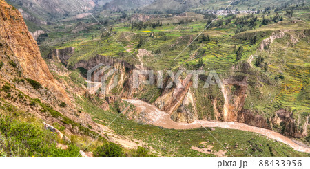 Aerial panoramic view to Colca canyon from the antahuilque viewpoint, Chivay, Arequipa, Peru 88433956