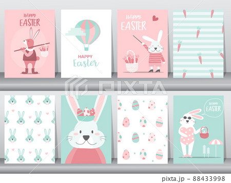 Set of Easter greeting cards,template,rabbits,cute,eggs,Vector illustrations. 88433998