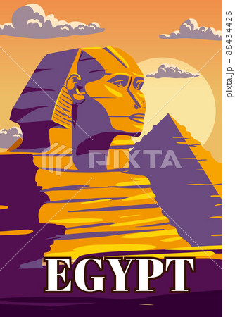Vintage Poster Ancient Sphinx, Egypt Pharaoh Pyramids. Travel to Egypt Country, Sahara desert. Retro card illustration vector Vintage Poster Ancient Sphinx, Egypt Pharaoh Pyramids. Travel to Egypt Country, Sahara desert. Retro card illustration vector 88434426