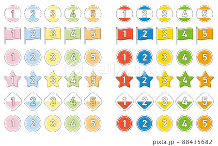 1〜5までの数字アイコンセット　6種類　丸・星・旗（パステルカラー・ビビッドカラー） 88435682