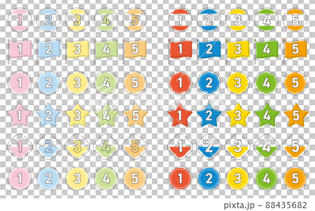 從 1 到 5 的 6 種數字圖標集:圓圈、星星、旗幟(柔和的顏色、鮮豔的顏色) 從 1 到 5 的 6 種數字圖標集:圓圈、星星、旗幟(柔和的顏色、鮮豔的顏色) 88435682