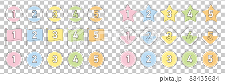 數字圖標集從 1 到 5 6 種類型：圓圈、星星、旗幟（柔和的顏色） 88435684