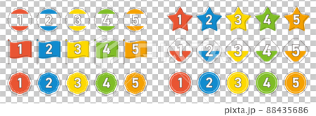 從 1 到 5 的 6 種數字圖標集：圓形、星形、旗幟（鮮豔的顏色） 88435686