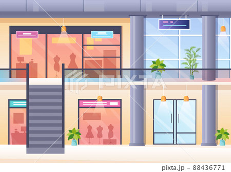 Shopping Mall Modern Background Illustration with Interior Inside, Escalator and Various Retail Store in Flat Style Design 88436771
