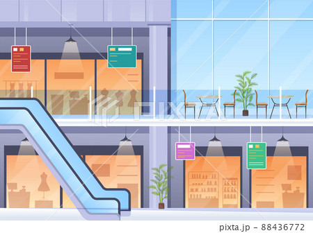 Shopping Mall Modern Background Illustration with Interior Inside, Escalator and Various Retail Store in Flat Style Design 88436772