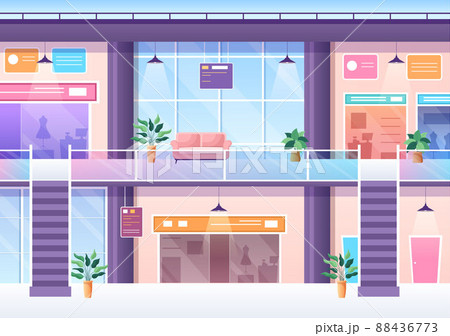 Shopping Mall Modern Background Illustration with Interior Inside, Escalator and Various Retail Store in Flat Style Design 88436773