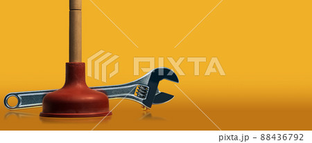 Red Rubber Plunger with Wooden Handle and Stainless Steel Adjustable Wrench 88436792