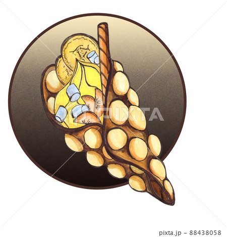 Delicious appetizing Hong Kong waffle with cream, marshmallows, chocolate stick, banana and peach pieces. Hand-drawn picture 88438058