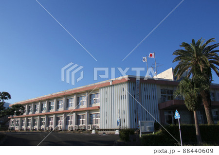 鹿児島県/熊毛支庁　屋久島合同庁舎　県道77号線前からナツメヤシ越しに望む 88440609