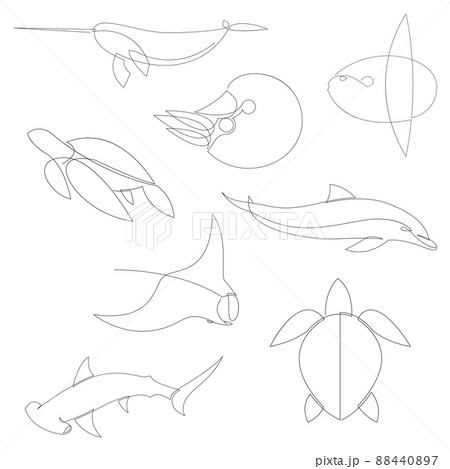 One line sea animals silhouette set. Logo design. Hand drawn minimalism style vector illustration. 88440897
