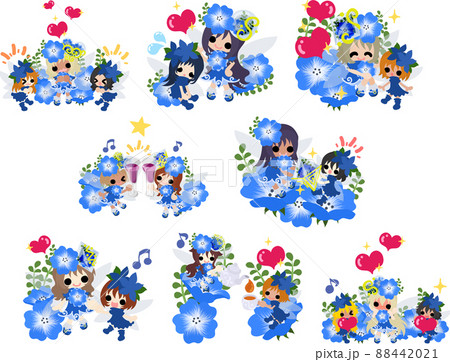 可愛い小さな花の妖精やたちやネモフィラの妖精たちの素敵な日々の生活のイラストのイラスト素材 4421