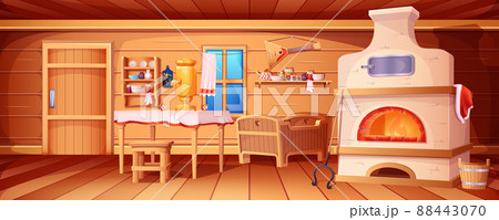 Cartoon russian hut interior with old kitchen 88443070