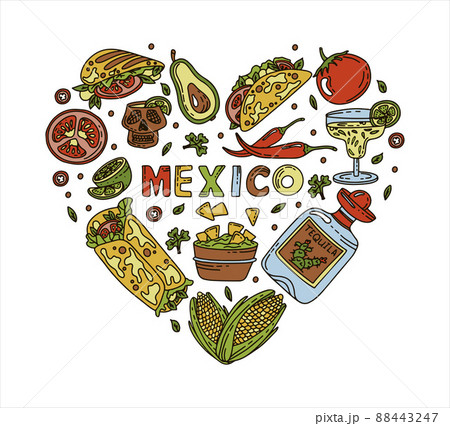 Mexican cuisine, vector doodle food set. National spicy food, fast food, snacks. Sketch illustration for restaurant, menu, cafe. Fiesta mexicana 88443247