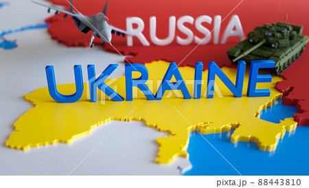 3D render of russian jet fighter and tank on the border of Ukraine. Concept of war conflict, invasion, military aggression, political crisis, EU danger 88443810