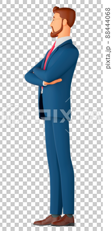 3 d illustration of a smiling businessman. Cartoon side view of a smiling man wearing a blue suit and standing on white isolated background. 3 d illustration of a smiling businessman. Cartoon side view of a smiling man wearing a blue suit and standing on white isolated background. 88444068