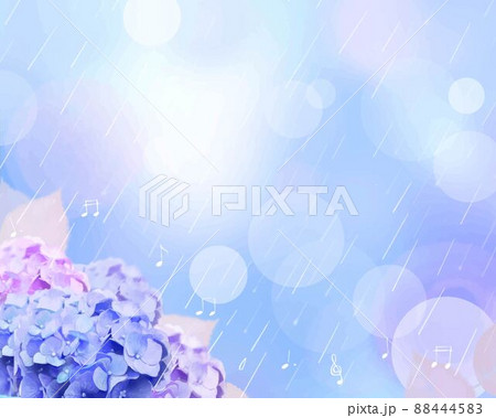 梅雨に咲く美しい薄紫色のあじさいと葉っぱの静かに小雨の降る音符のある幻想的なボケの背景イラスト素材 88444583