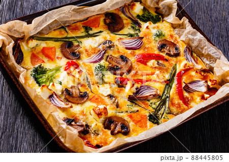 baked in oven vegetable frittata in baking dish 88445805