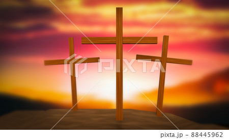 Silhouette cross on Calvary mountain sunset Easter concept 3d rendering 88445962