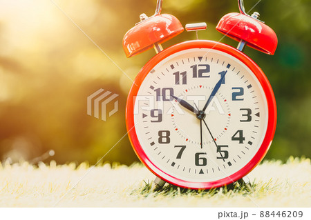 Alarm clock red Classic Vintage Retro Color Tone on Wood Table with Sun Light 88446209