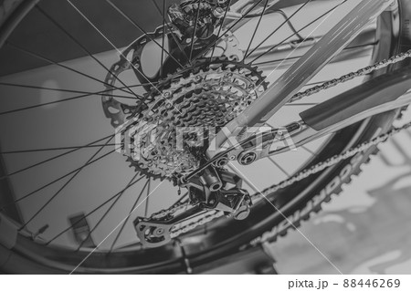 bicycle rear gear cassette and derailleur with disc brake system black and white color for backgroud bicycle rear gear cassette and derailleur with disc brake system black and white color for backgroud 88446269
