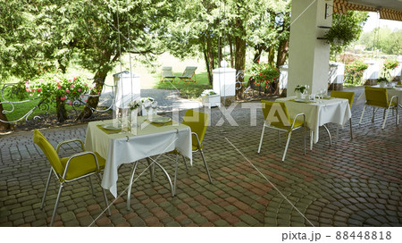 terrace summer cafe with tables and chairs for people, an empty institution for recreation, nobody 88448818